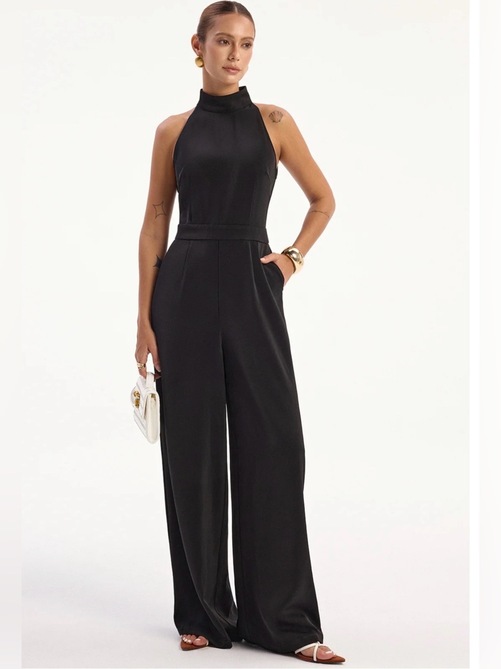 Commense Black Satin Back Slit Halter-Neck Wide Leg Jumpsuit